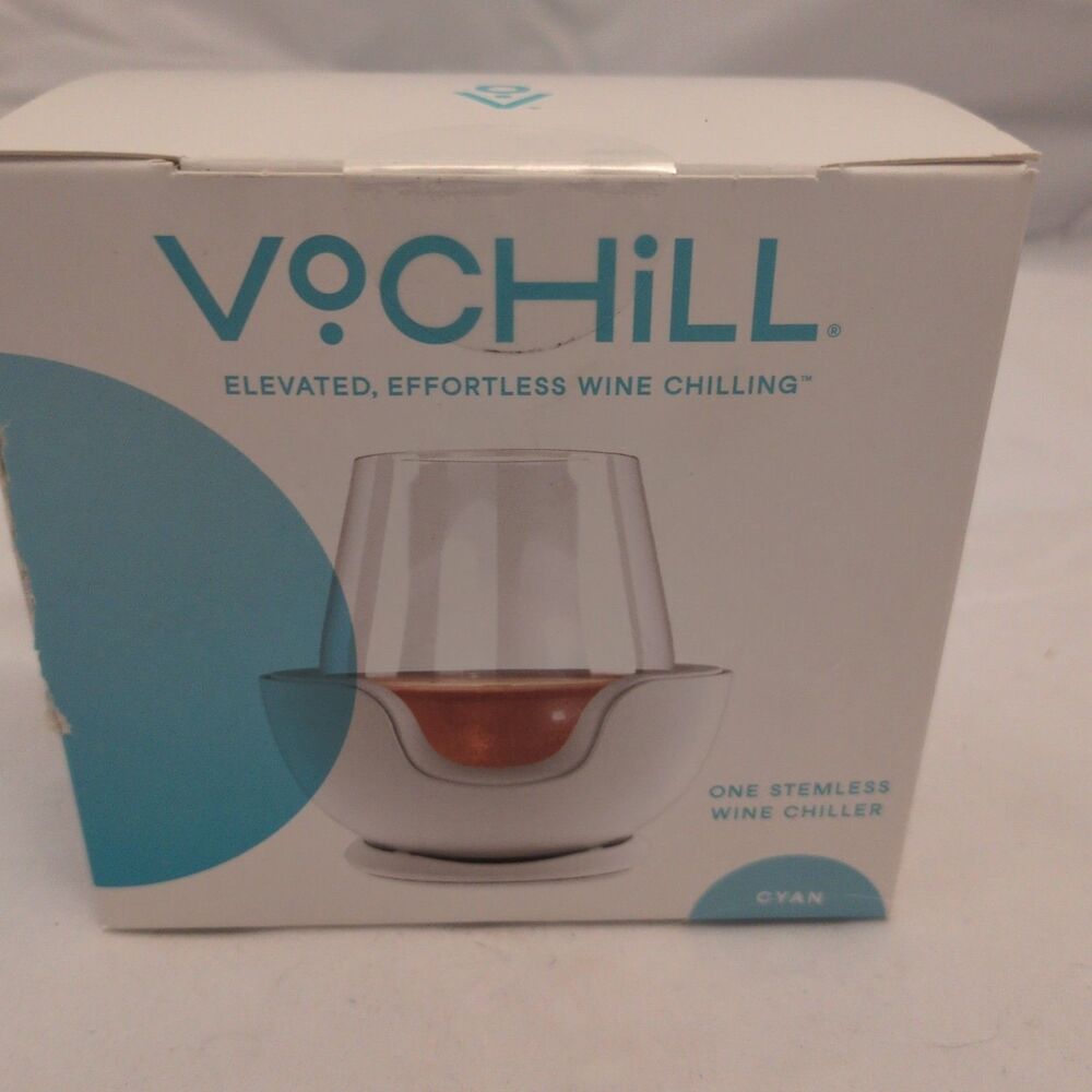 New VoChill Personal Stemless Wine Chiller Stone Fits Up To 3.75" SEALED Cyan